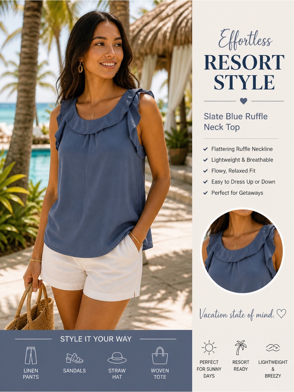 LOFT size XL Sleeveless Ruffle Neck Women's Top - Slate Blue